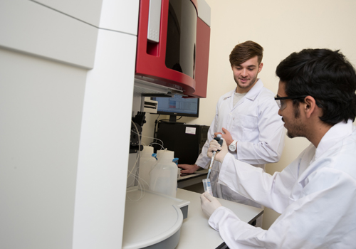 Two Bachelors of Laboratory Medicine students using lab equipment