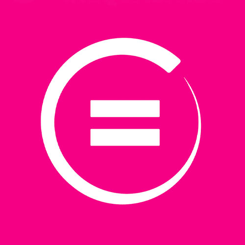 White equality symbol inside a partial circle on pink.