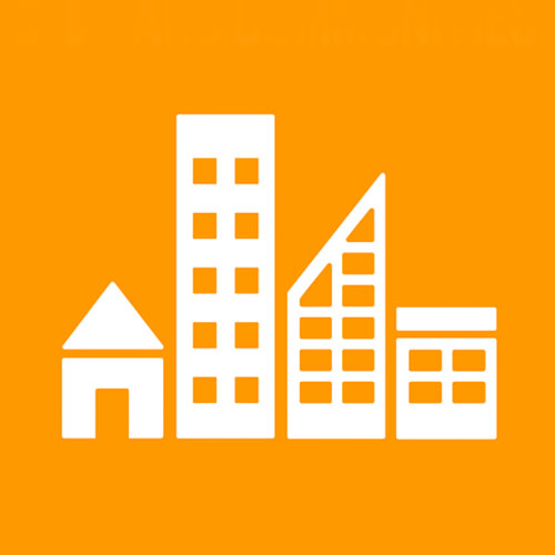 Icon of various building shapes representing urban development on an orange background.