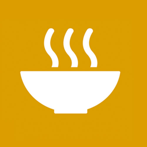 White steaming bowl icon on yellow background, representing hot food or hunger.