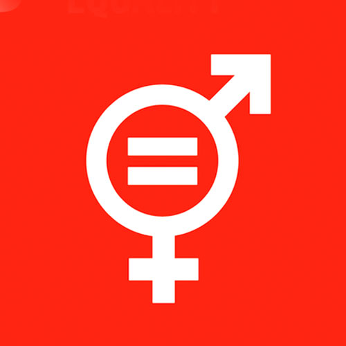 Gender equality symbol combining male and female icons with an equal sign on a red background.