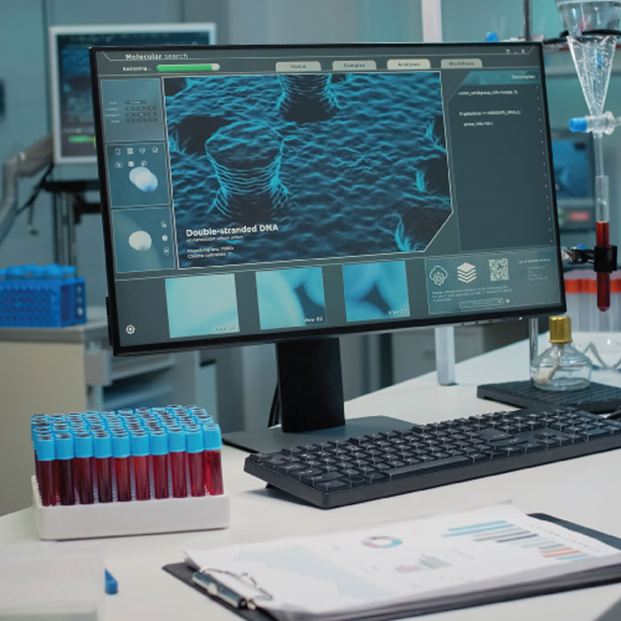 Group of professionals in formal attire collaborating around a laptop in a bright modern office.
